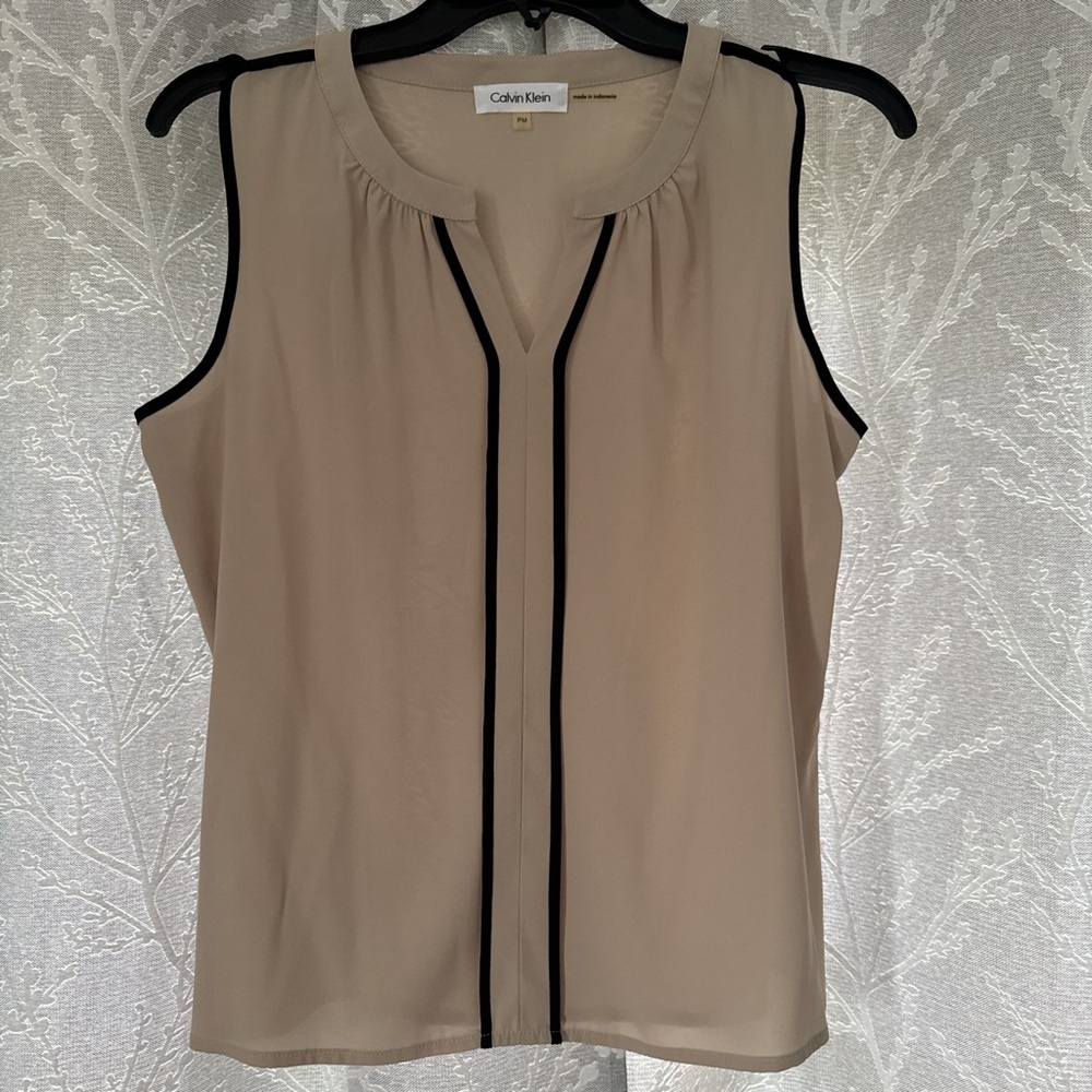 Calvin Klein Beige Sleeveless Blouse with Black Trim